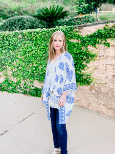 White Blue Border Kimono -PLUS