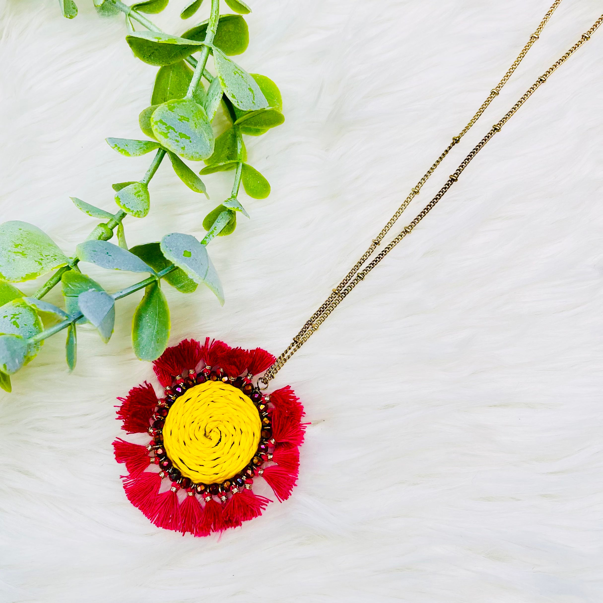 Rafia Tassel Gold Thread Necklace