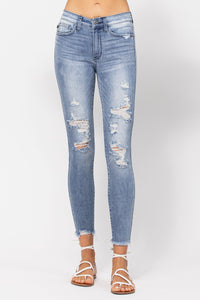 Judy Blue Medium Wash Mid Rise Skinny Destroyed Jeans - PLUS