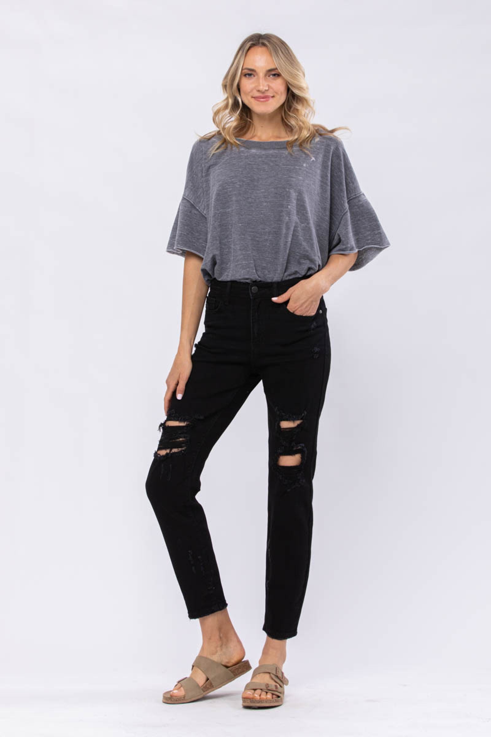 Black Hi Waist Destroyed Boyfriend Judy Blue Denim-PLUS