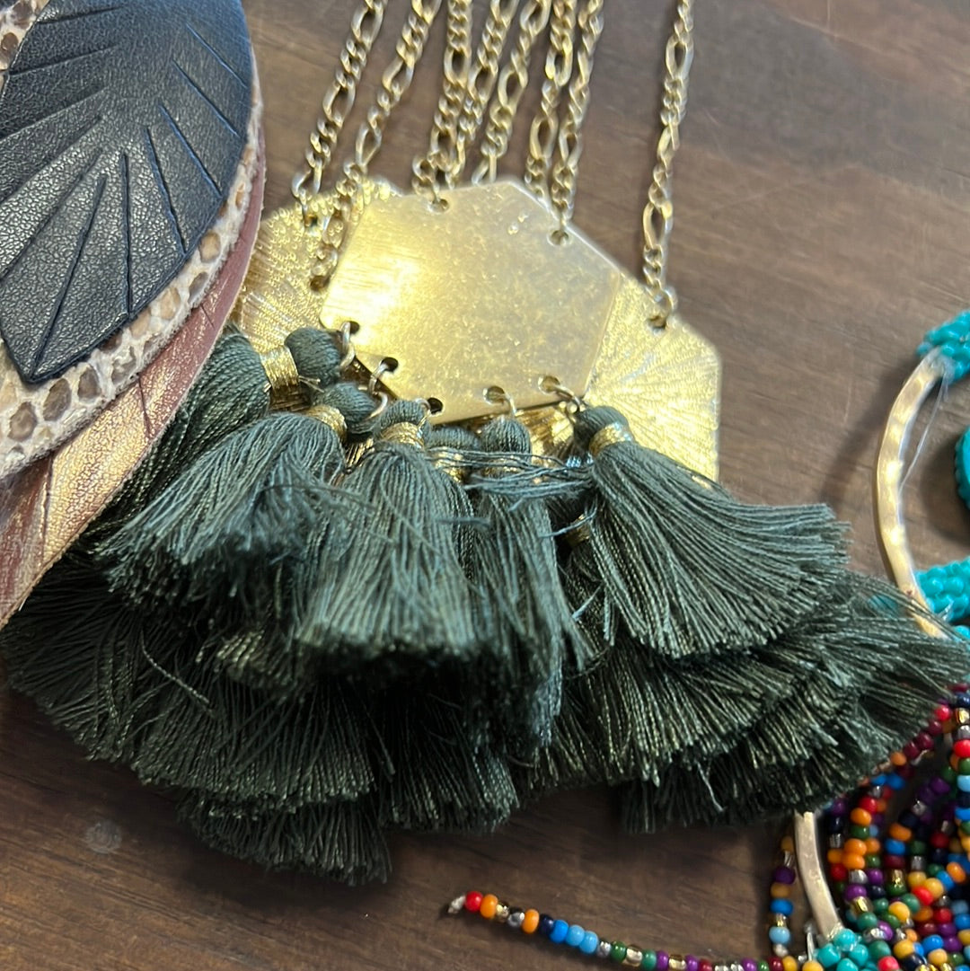 Dark Green Tassel Hexagon Necklace