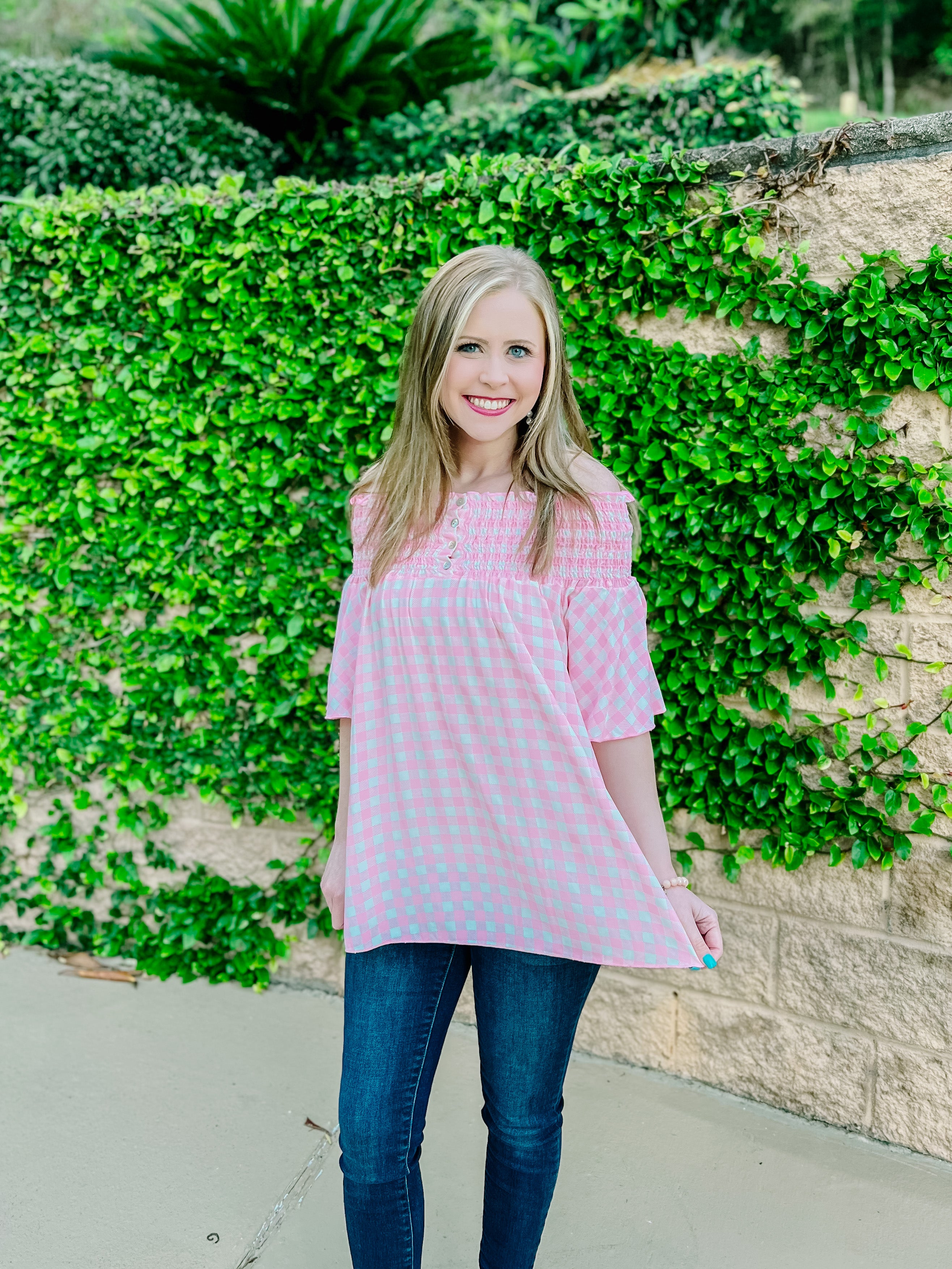 Pink Gingham Off Shoulder Button Blouse-PLUS