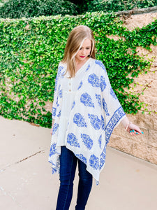 White Blue Border Kimono