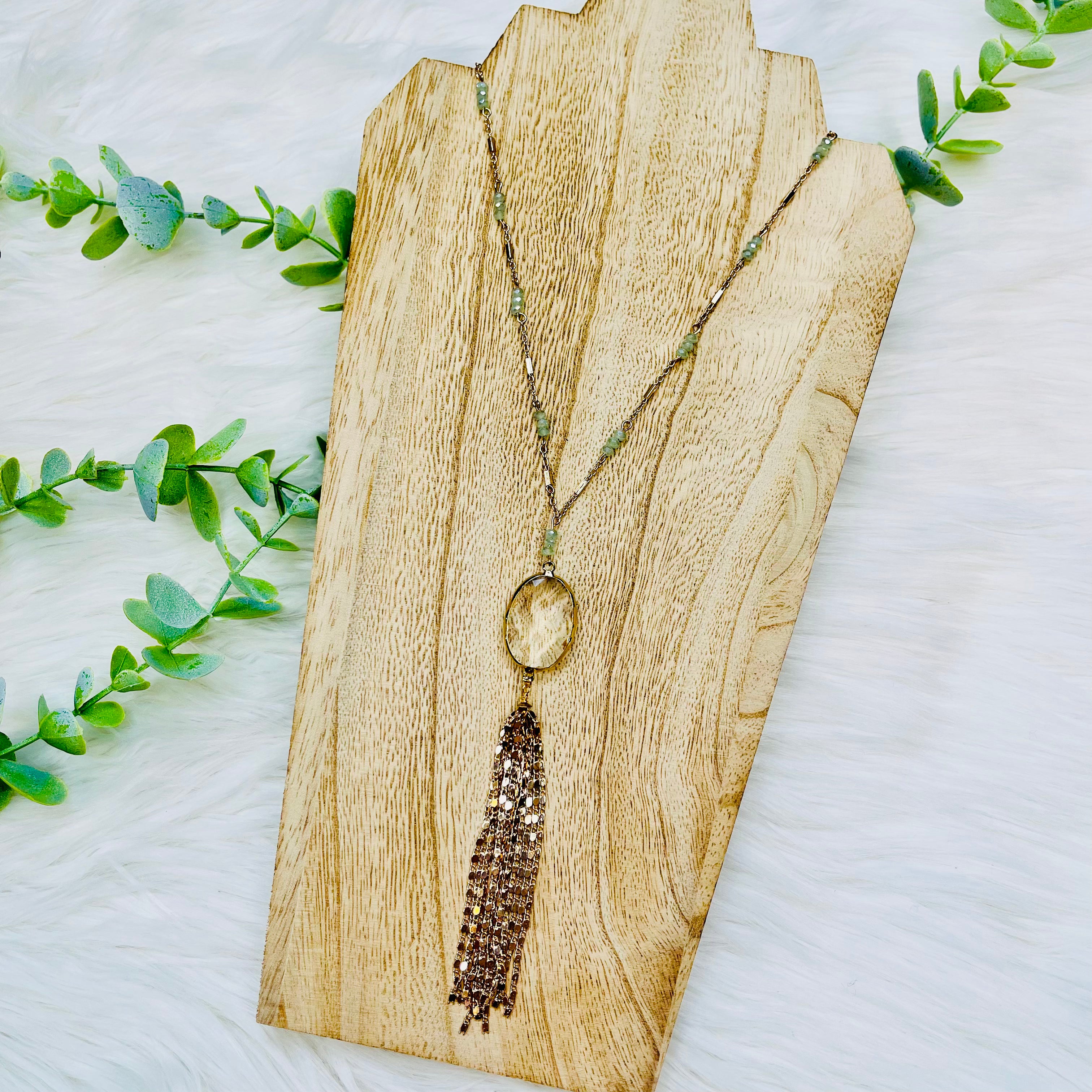 Mint Beaded Gold Delicate Tassel Necklace