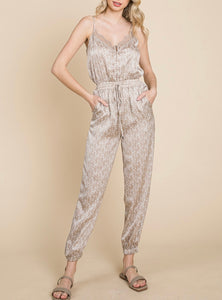 SATIN TAN LACE DETAIL STRAPPY JUMPSUIT