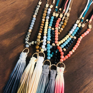 Wood Beaded Fabric Chain Tassel Necklace