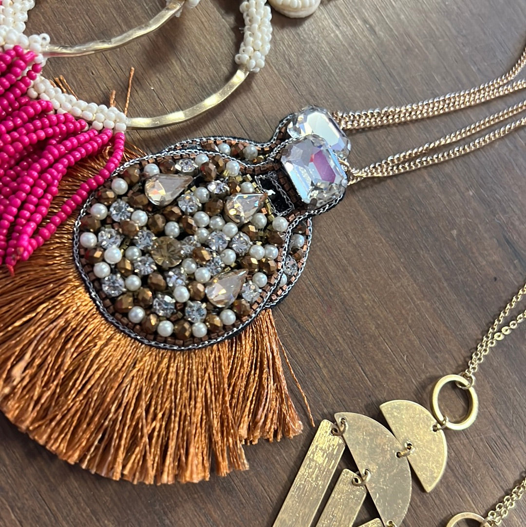 Cognac Gem Stone Beaded Tassel Necklace