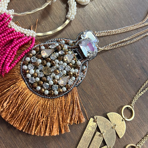 Cognac Gem Stone Beaded Tassel Necklace