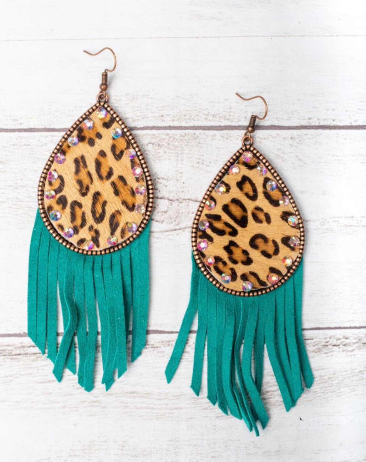 Cowgirl Teal Fringe Leopard Earrings