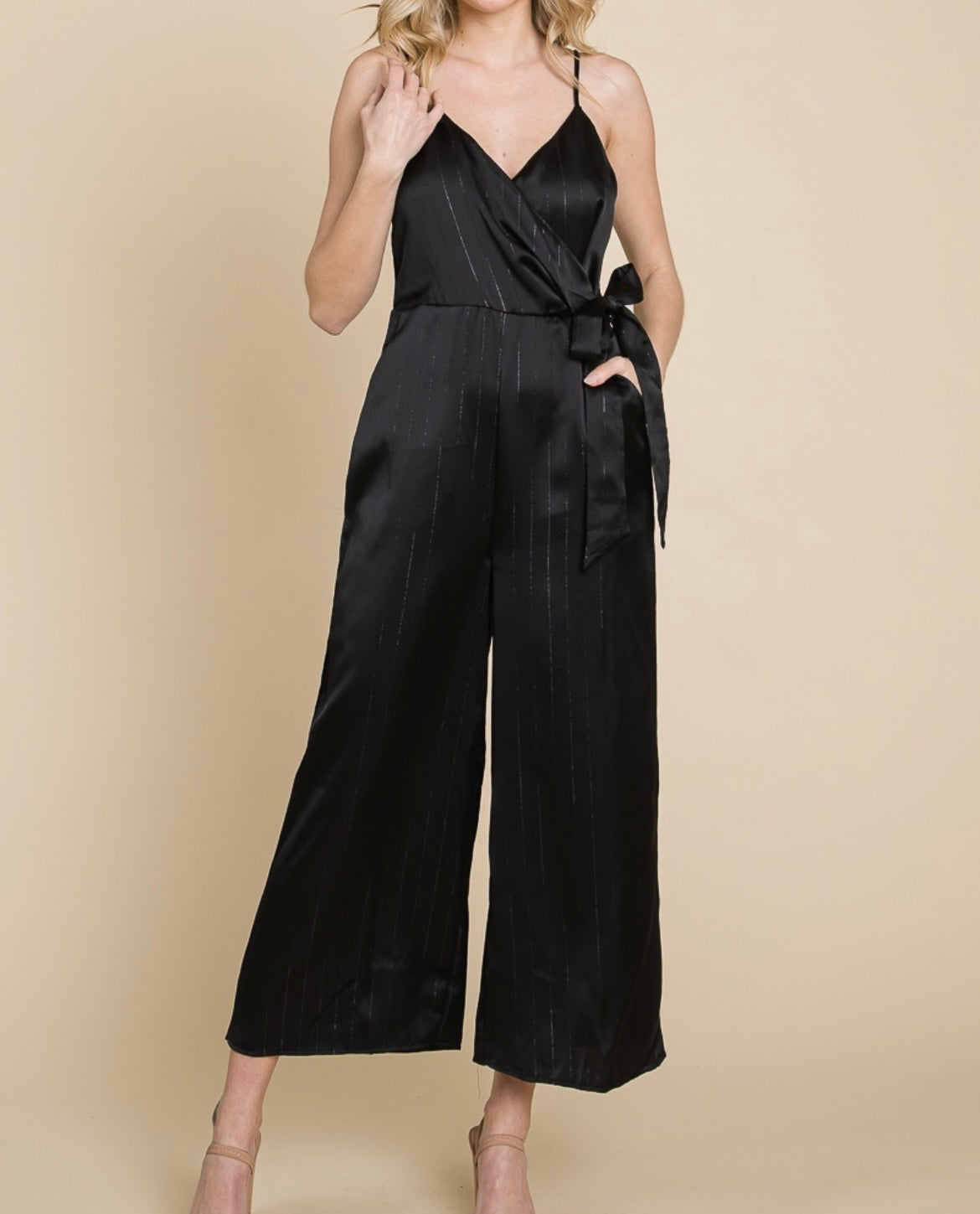 BLACK SATIN SHIMMER STRIPED JUMPSUIT- SMALL