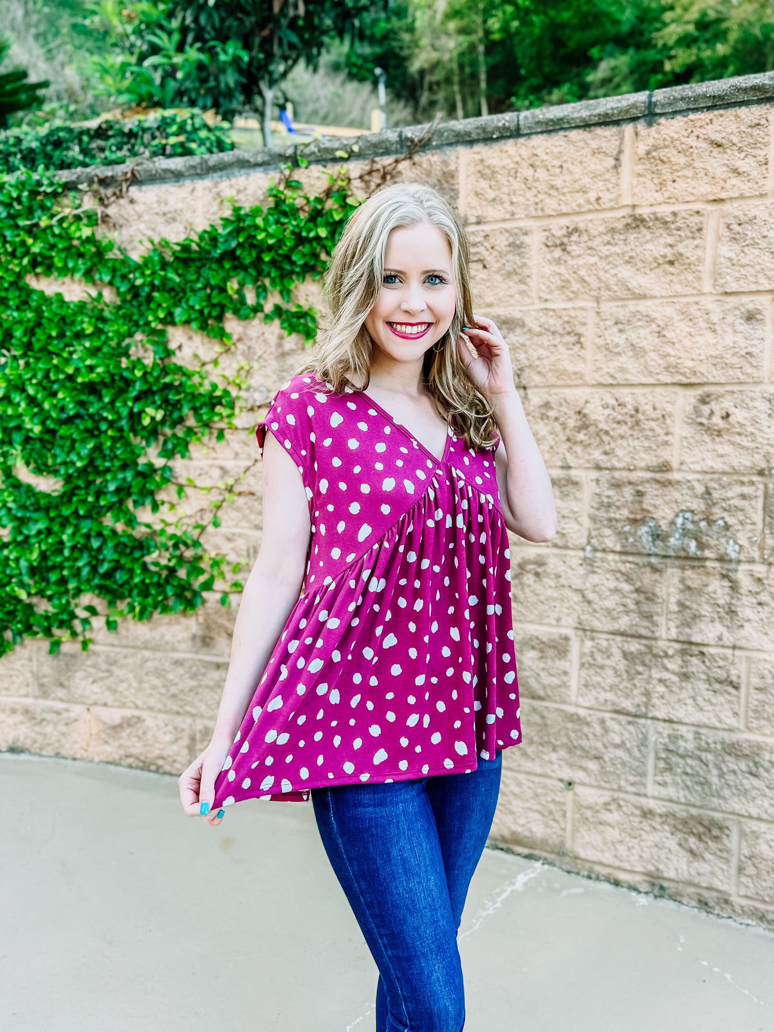 Berry Pink Animal Printed Flouncy Vneck Top