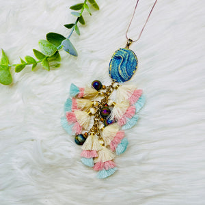 Teal Druzy Stone Pastel Tassel Necklace