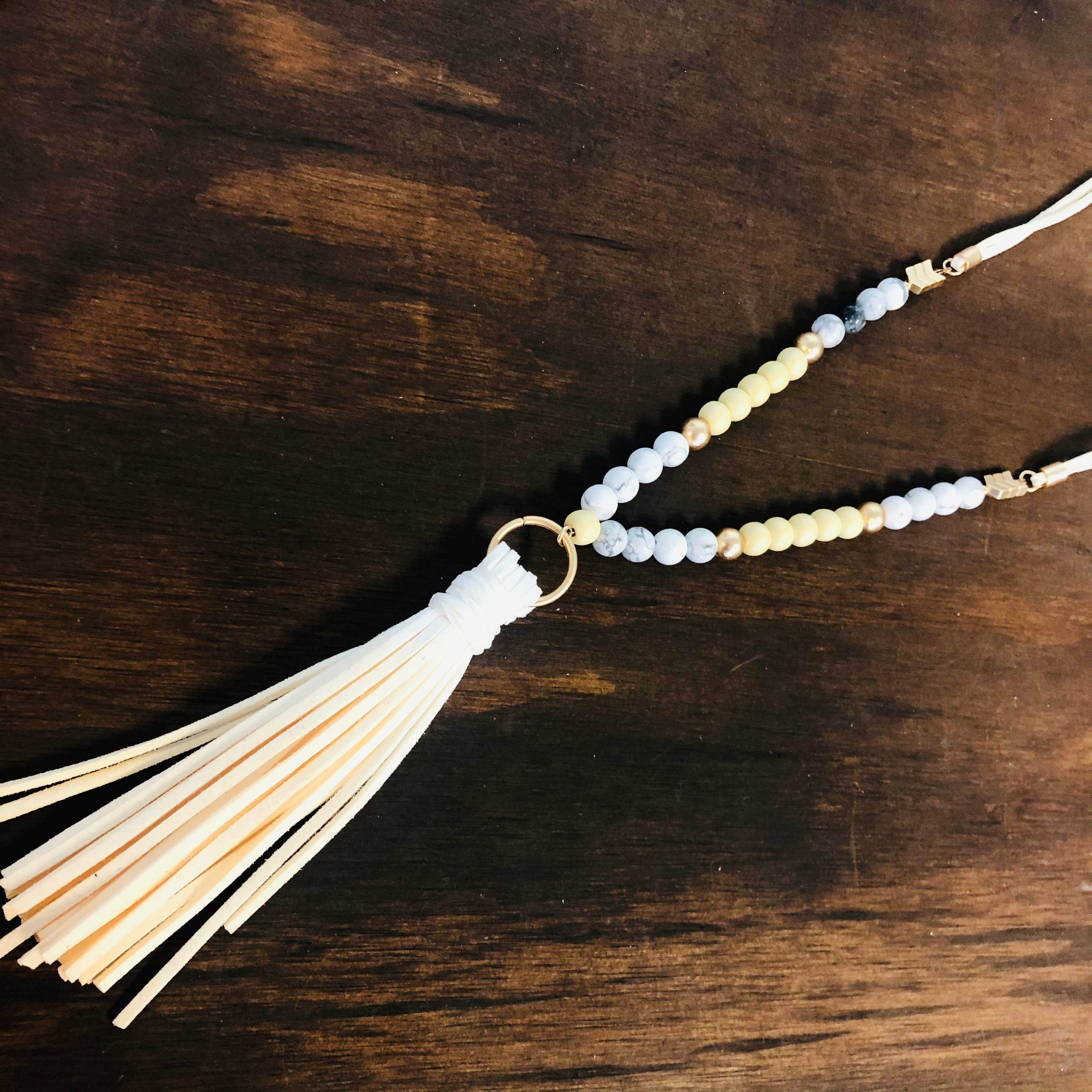 Wood Beaded Fabric Chain Tassel Necklace