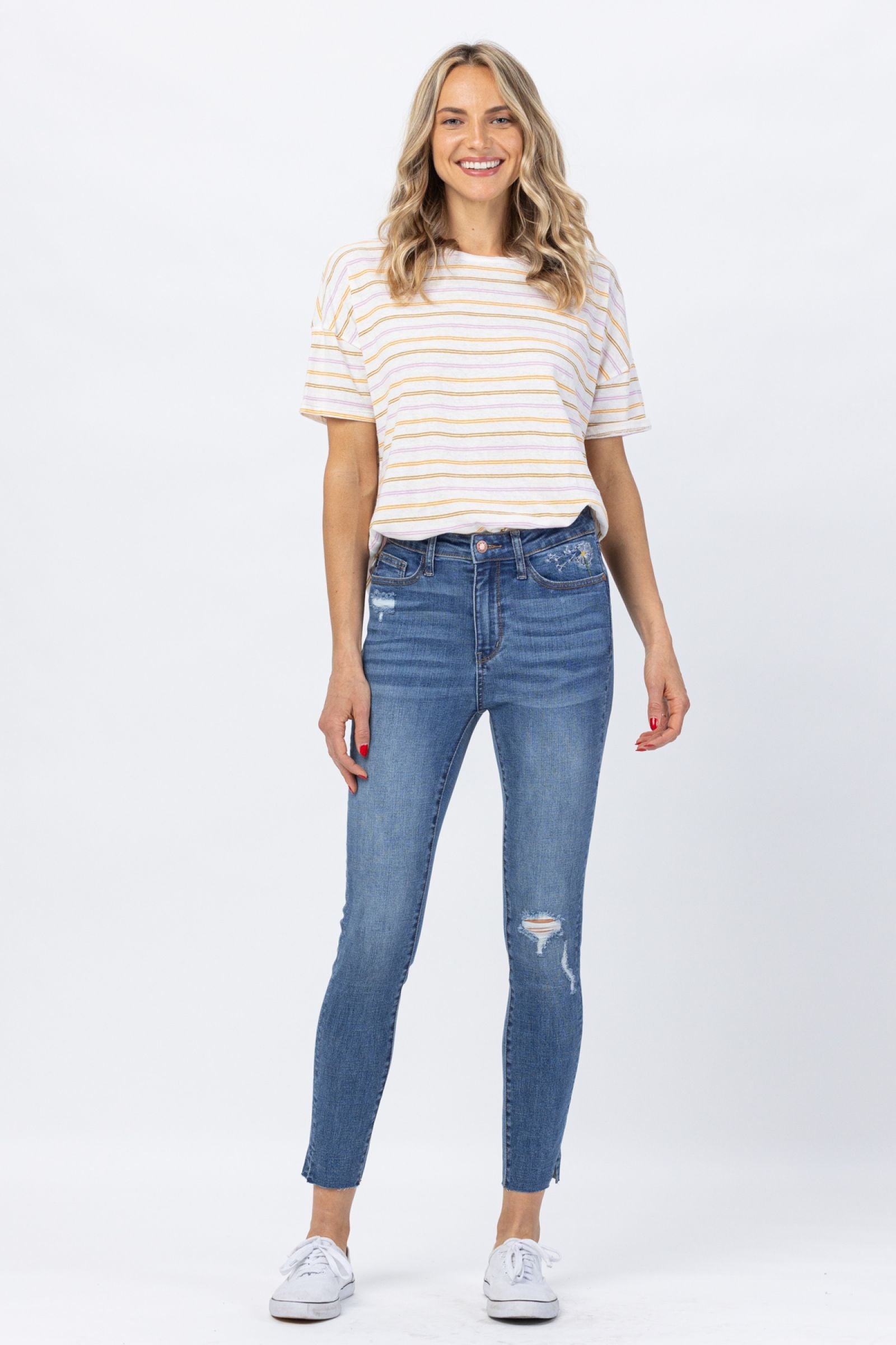 Hi Waisted Dandelion Embroidery Skinny Medium Wash Judy Blue Denim-PLUS