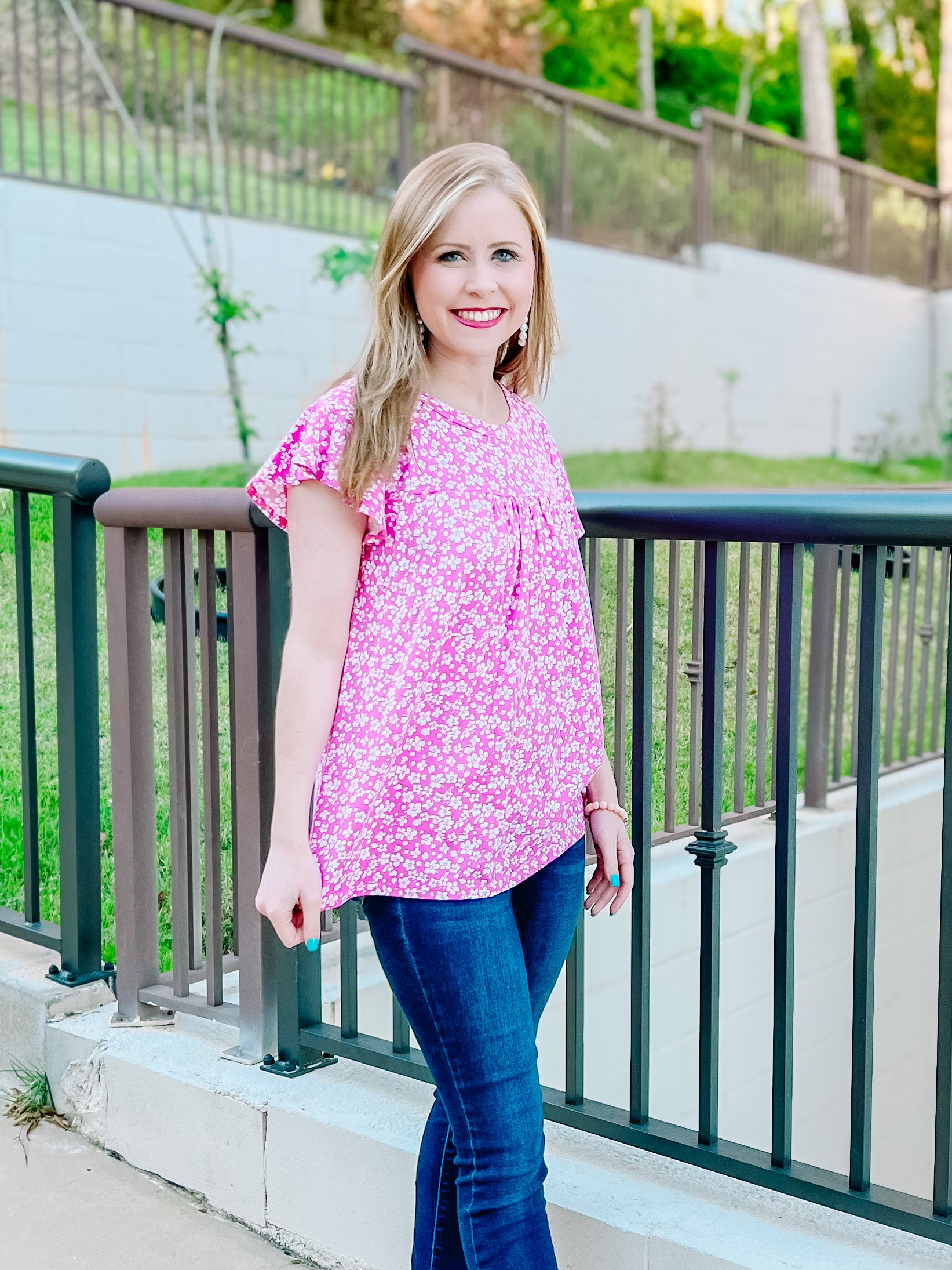 Fuchsia Floral Ruffle Short Sleeve Top- SALE