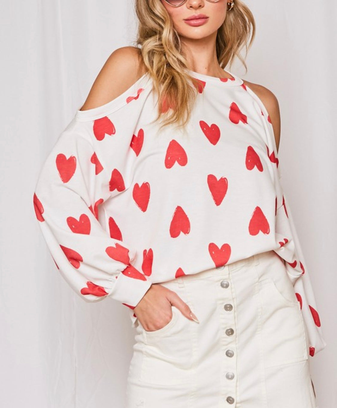 White Red Hearts Cold Shoulder Top