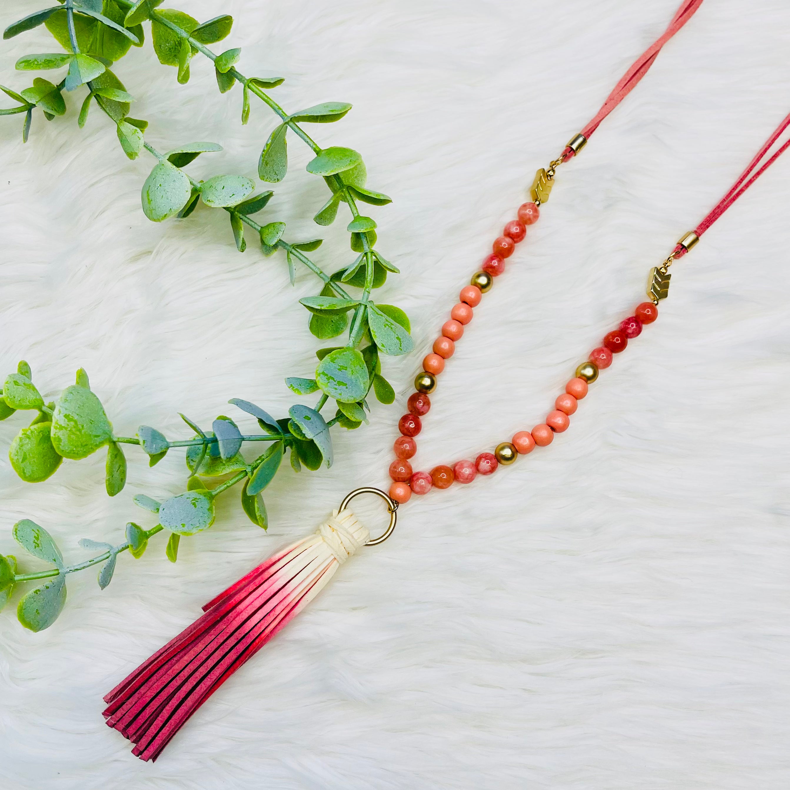 Wood Beaded Fabric Chain Tassel Necklace