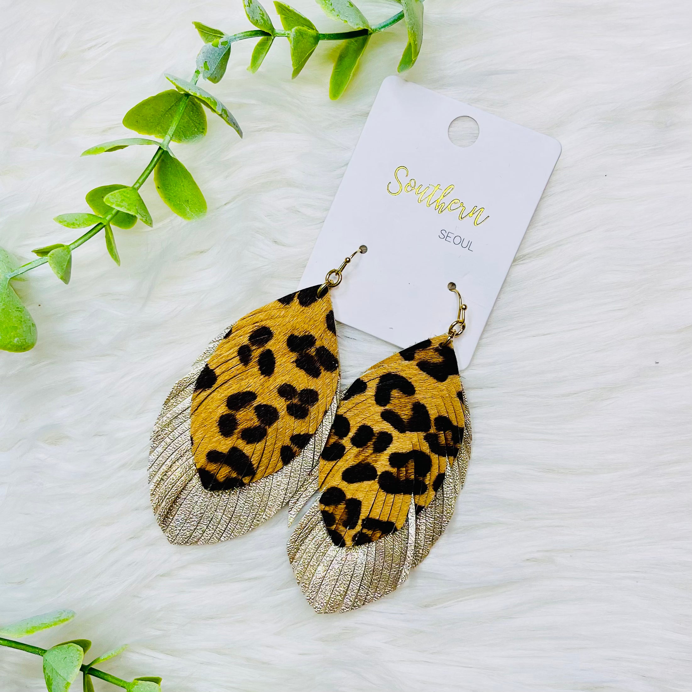 Leopard Fringed Gold Leather Print Earrings