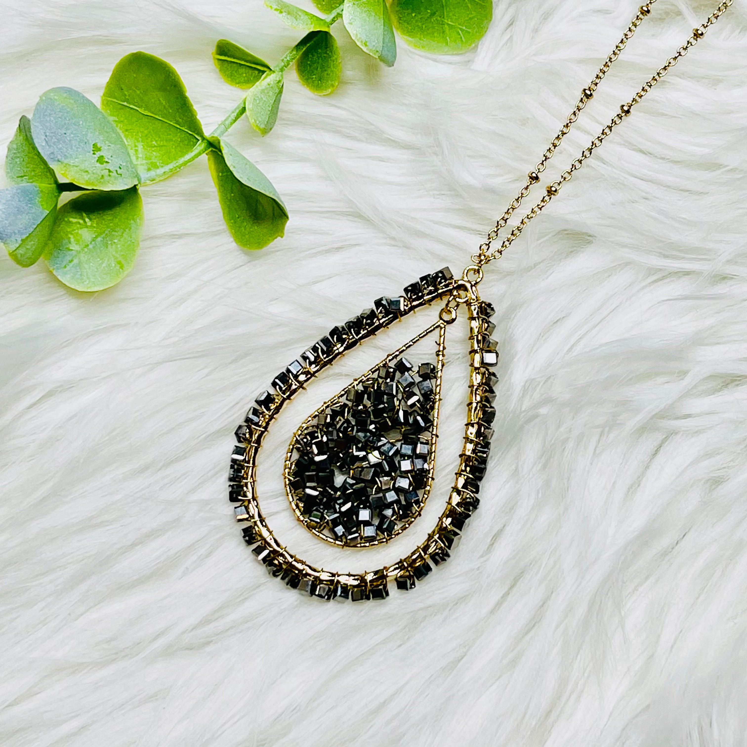 Metal Beaded Teardrop Double Necklace