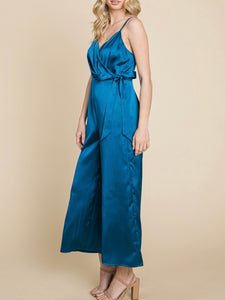 TEAL SATIN SHIMMER STRIPED JUMPSUIT