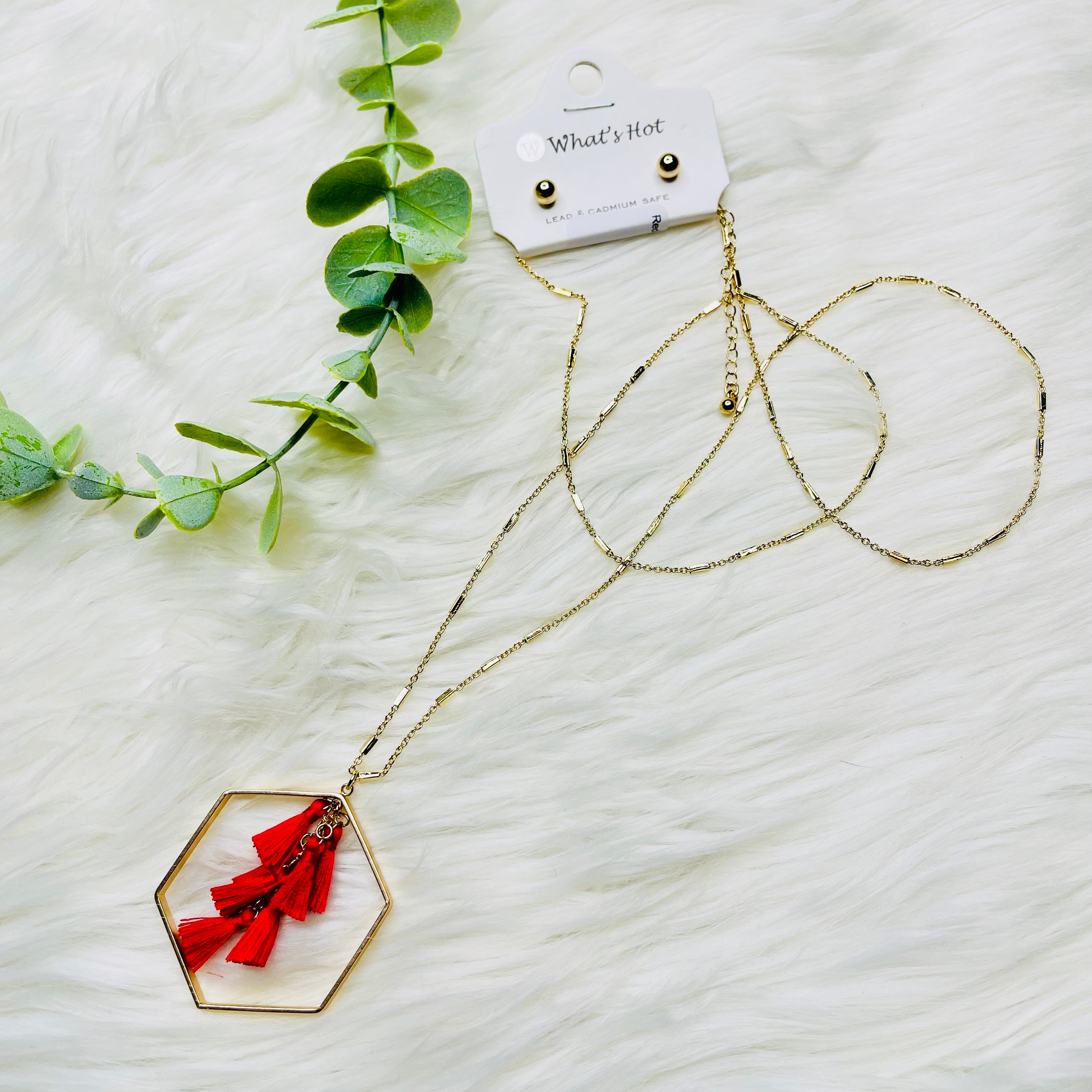 Red Hexagon Tassel Gold Necklace