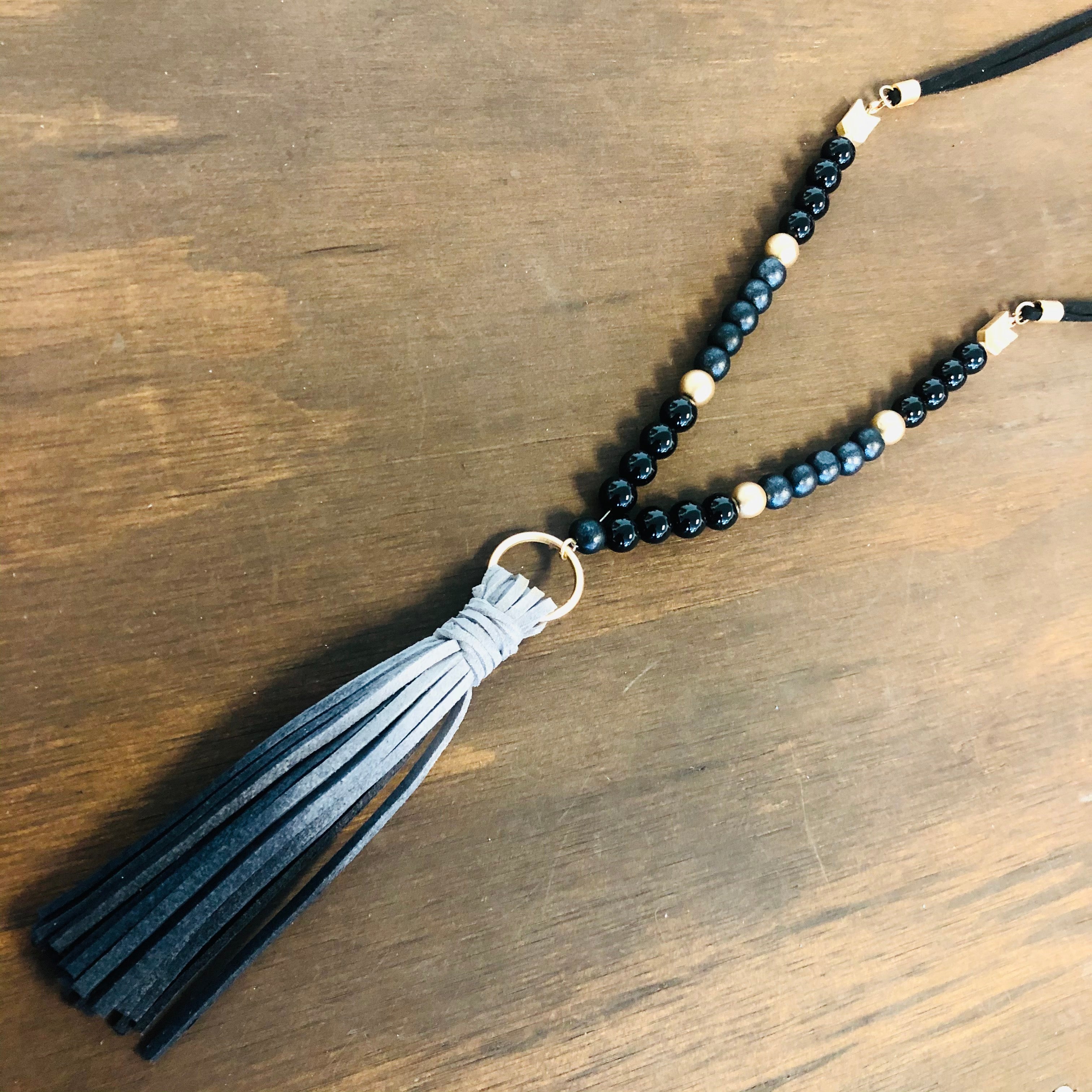 Wood Beaded Fabric Chain Tassel Necklace