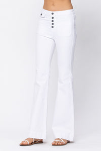 White Judy Blue Hi Rise Button Fly Patch Pocket Flare Denim