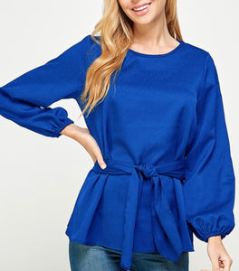 Royal Blue Tie Waist Bow Blouse