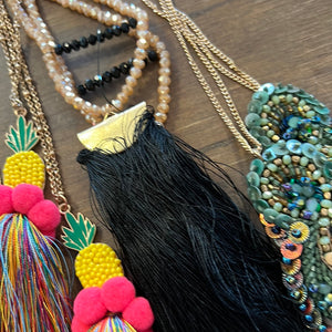 Champagne Beaded Triangle Black Fringe Necklace
