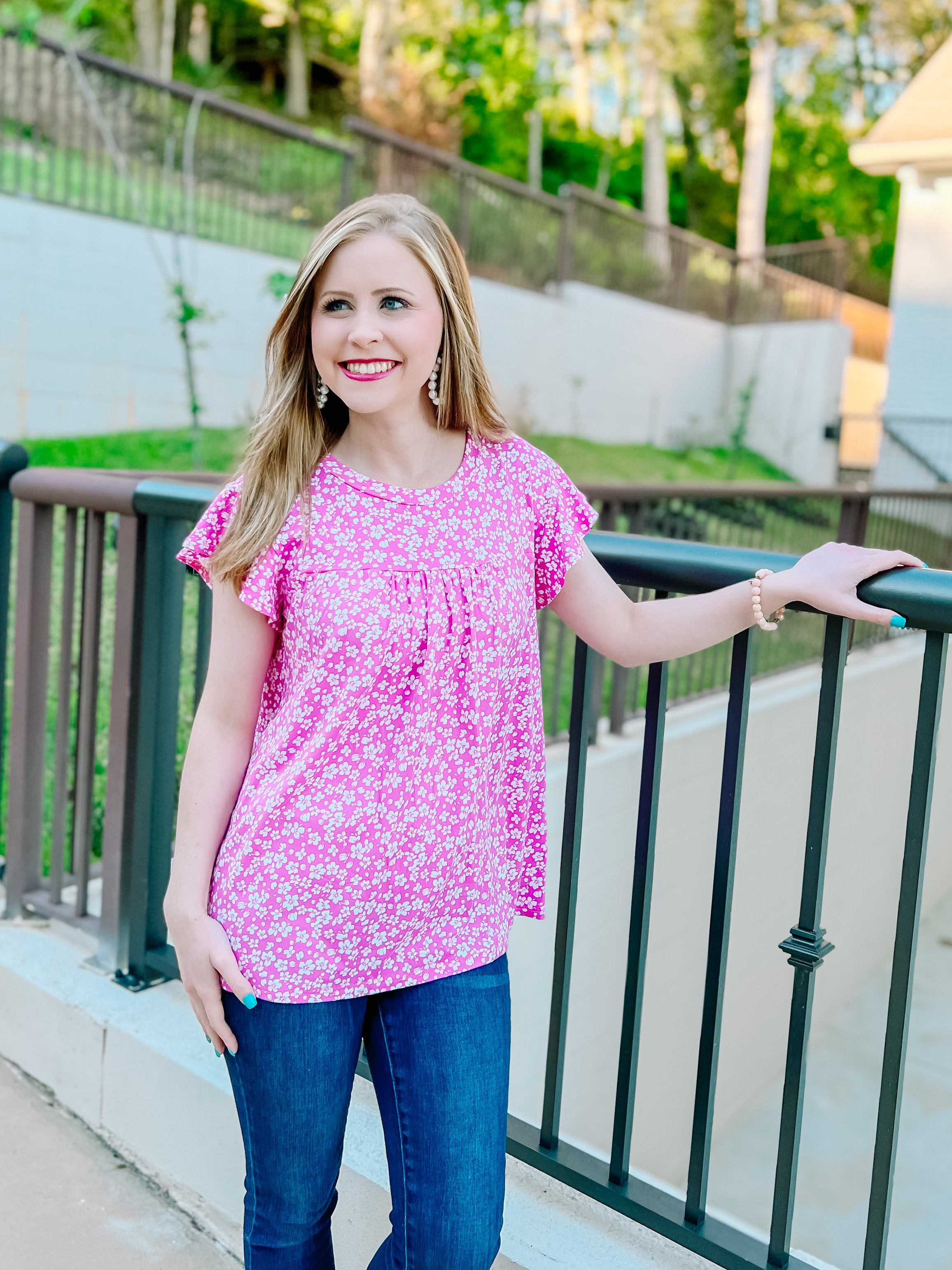 Fuchsia Floral Ruffle Short Sleeve Top- SALE