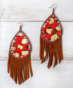 GET IN COWGIRL FRINGE RED LEOPARD EARRINGS-SEE DESCRIPTION