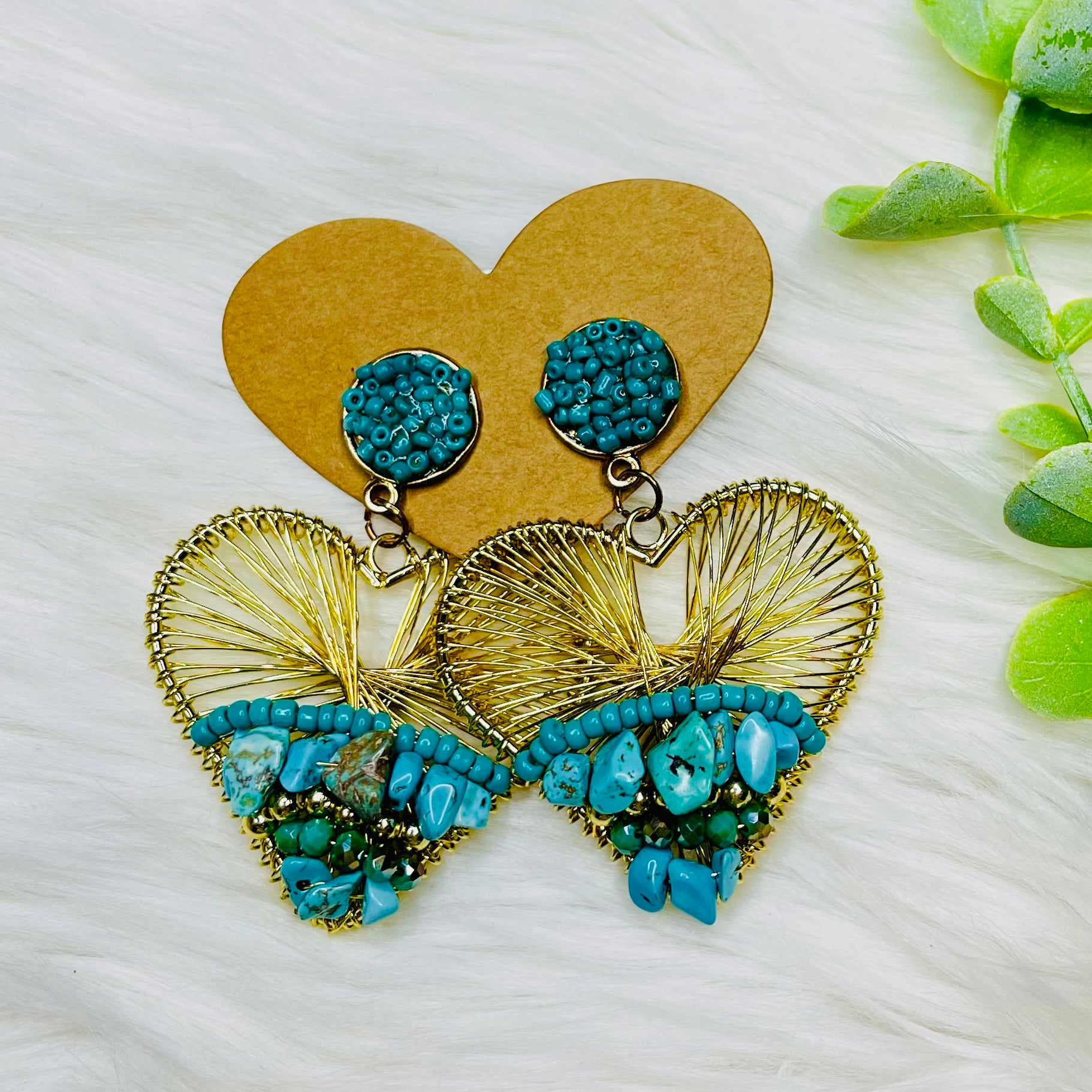 Rock Stone & Gold Twisted Wire Heart  Earrings