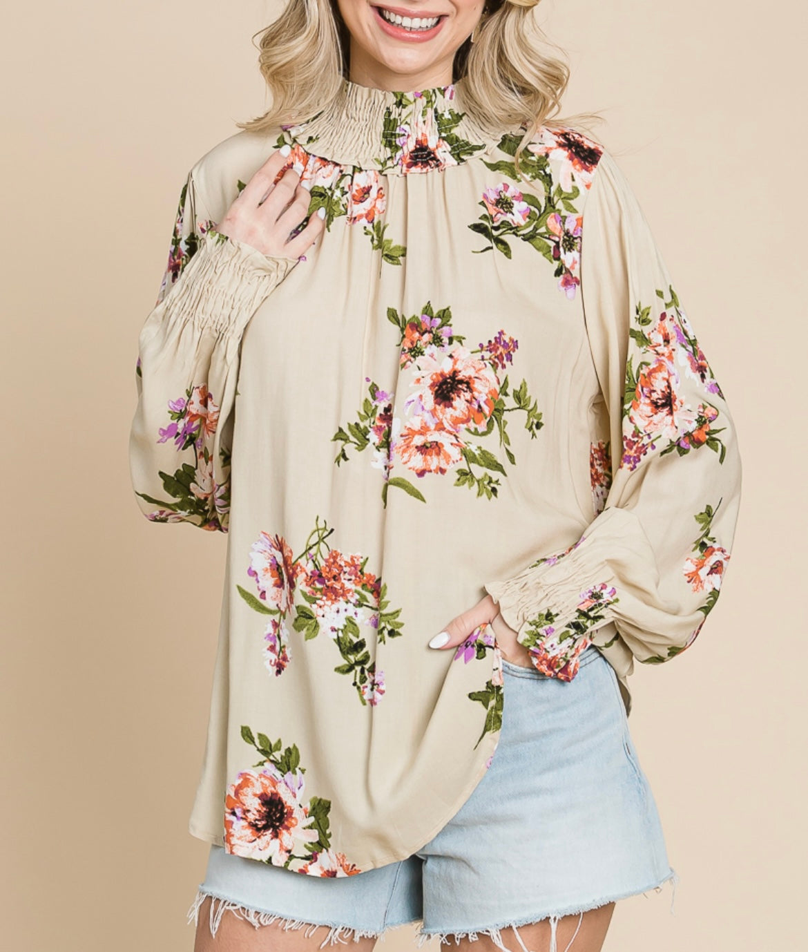 TAUPE KEYHOLE FLORAL LONGSLEEVE TOP