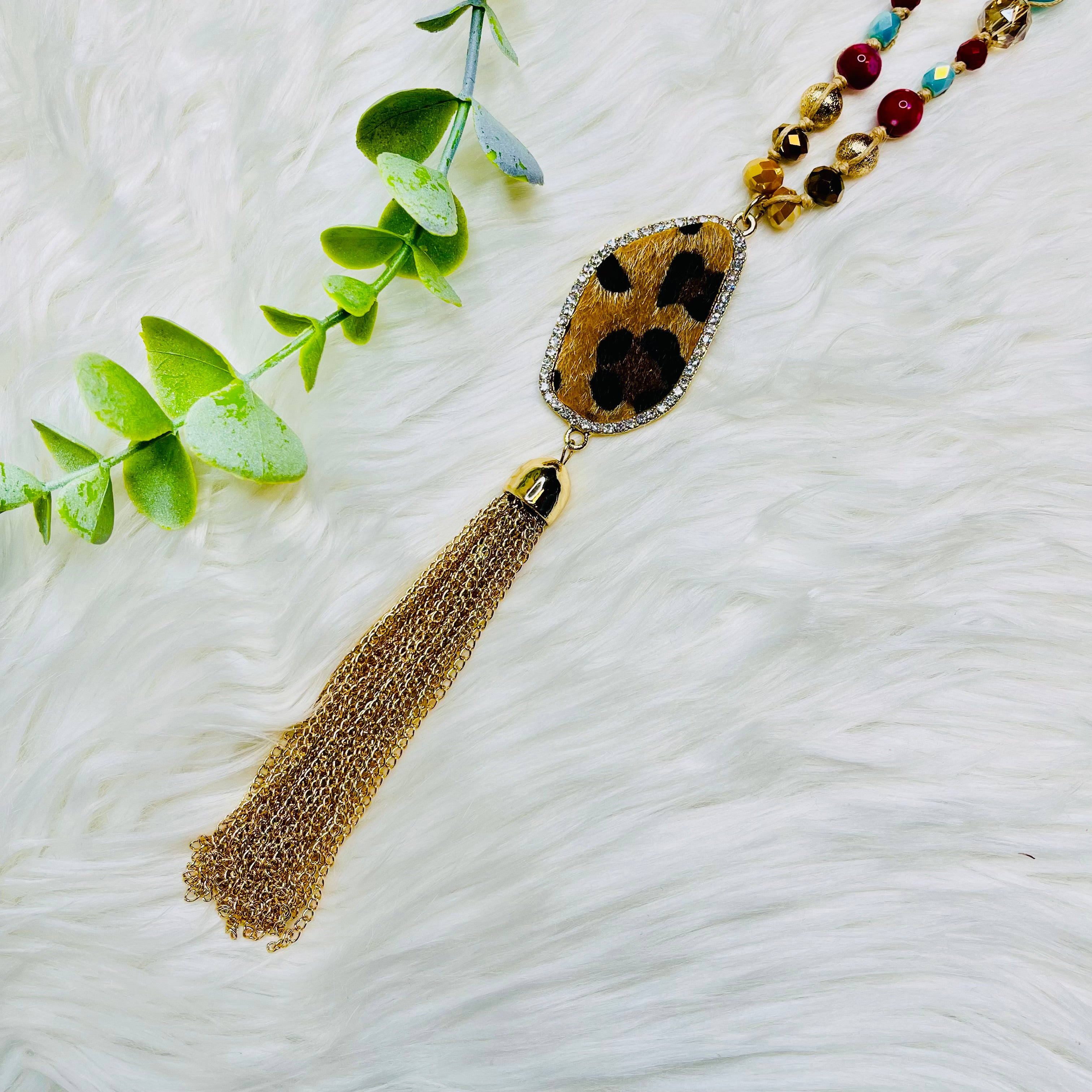 Leopard Teal Red Beaded Tassel Necklace