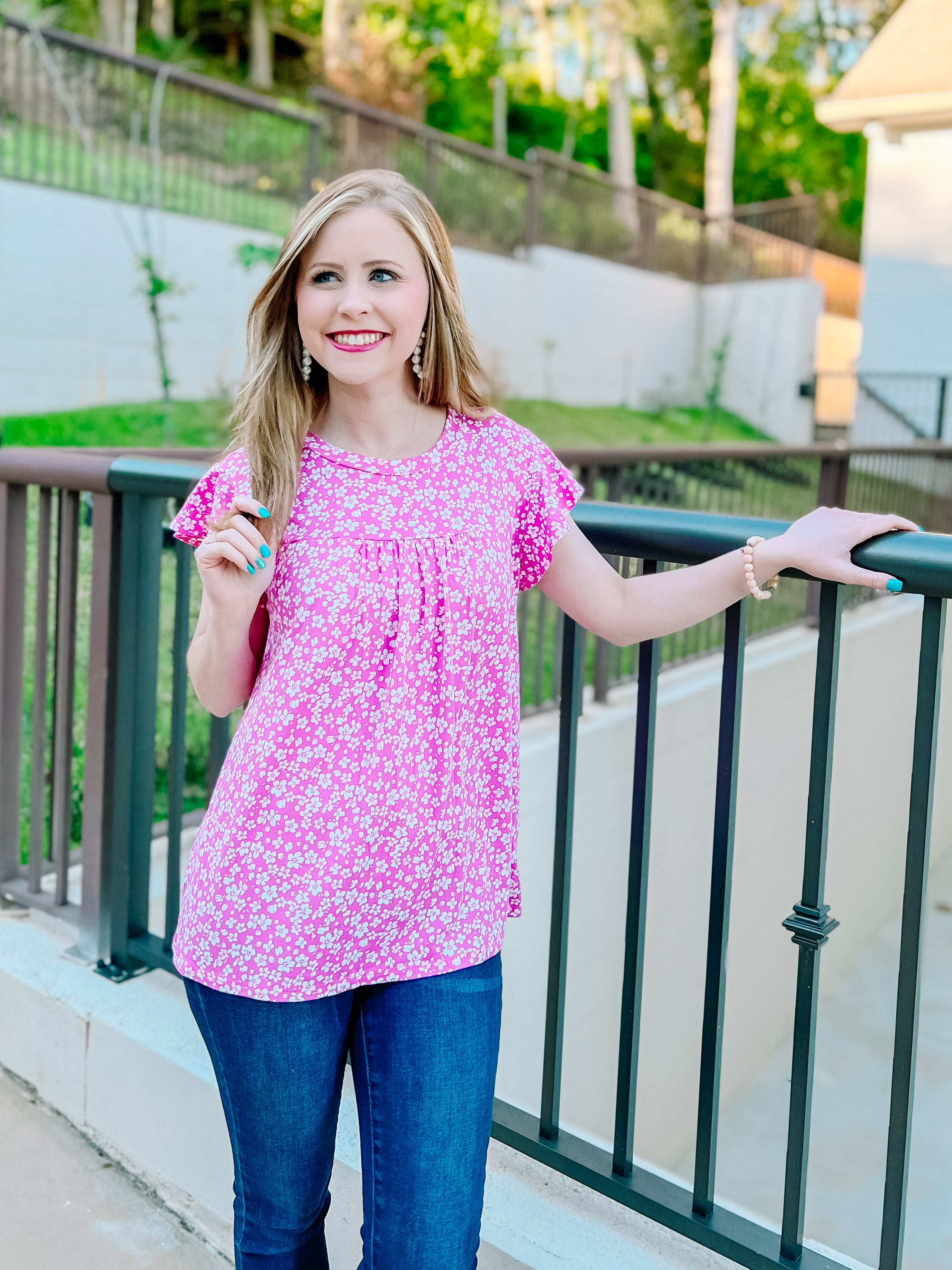 Fuchsia Floral Ruffle Short Sleeve Top- SALE