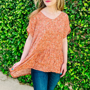 Peach Textured Flowy Floral Peplum Ruffle Top