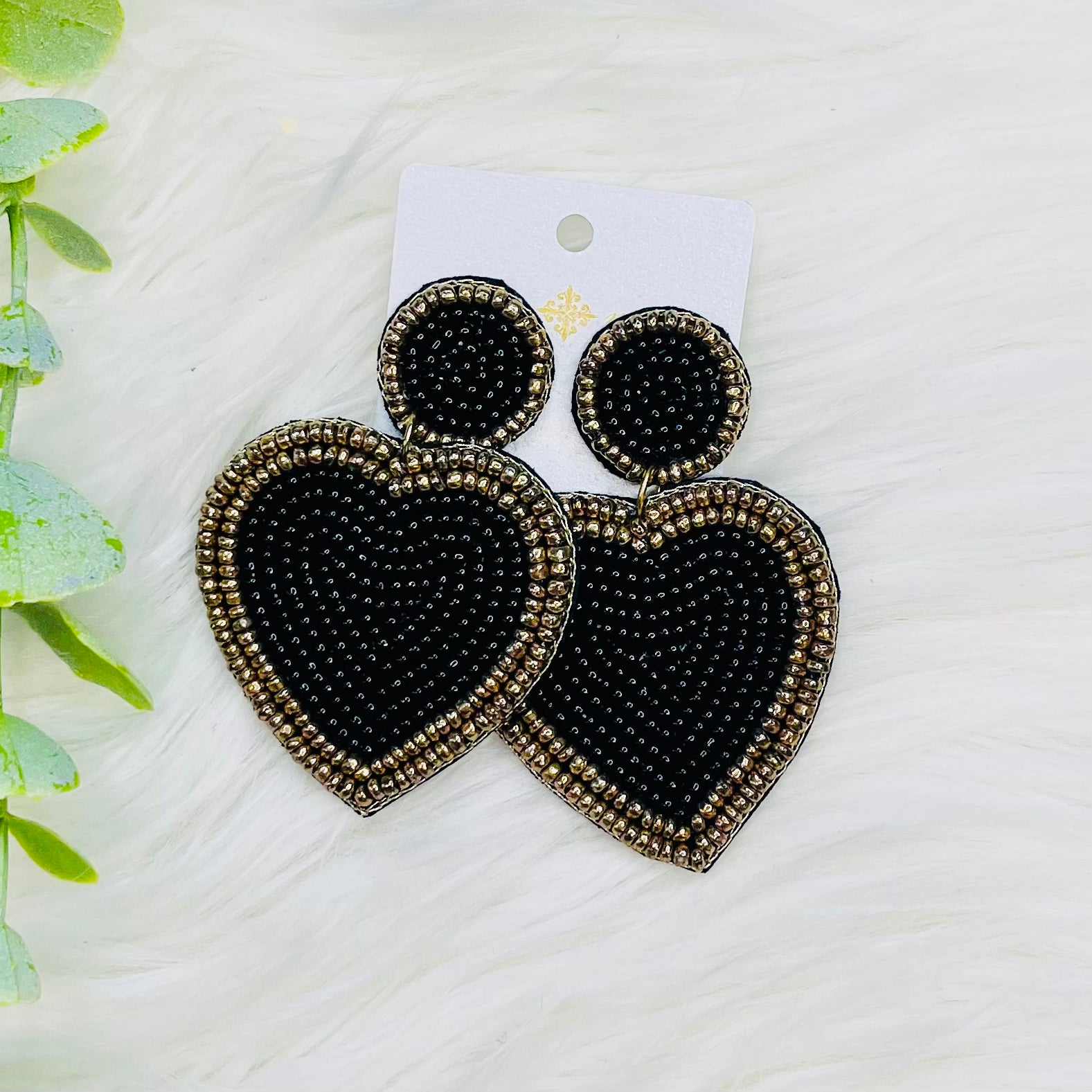 Black Gold Seedbead Heart Earrings
