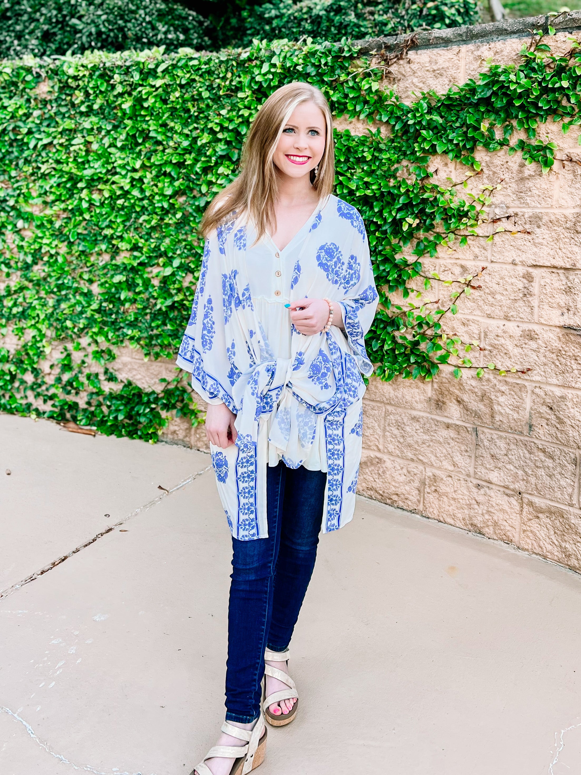 White Blue Border Kimono -PLUS