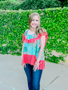 Teal Coral Ethnic Print Lace Ruffle Woven Top
