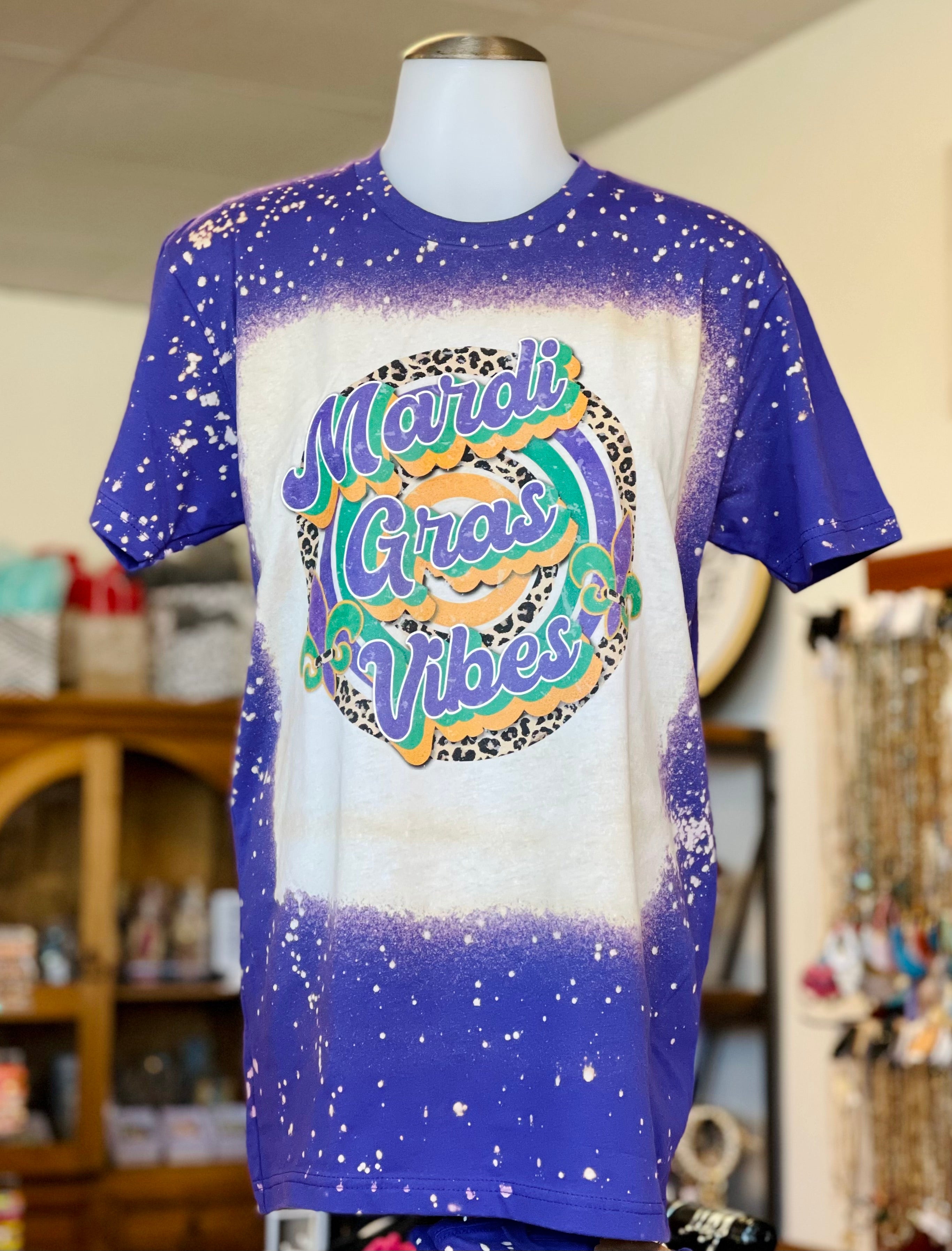 Mardi Gras Vibes Purple Leopard Bleached Tee- SALE- 2X left