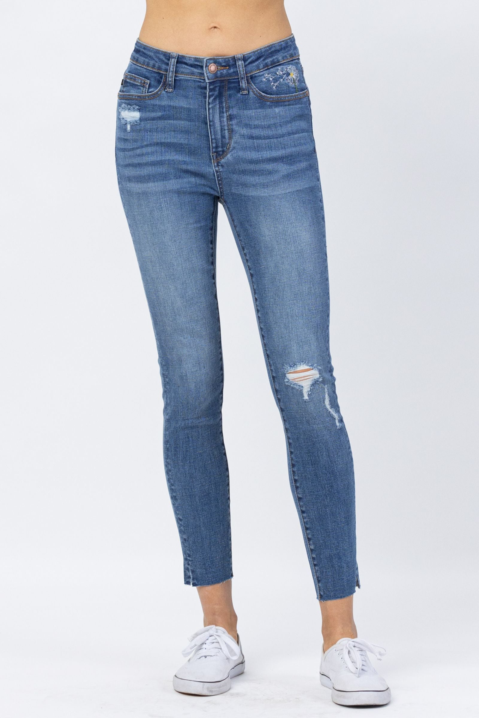 Hi Waisted Dandelion Embroidery Skinny Medium Wash Judy Blue Denim-PLUS