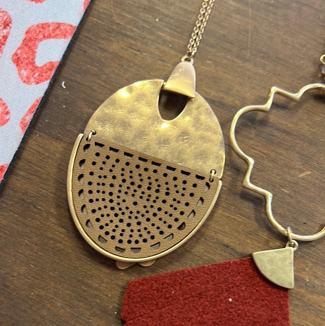 Brown Cutout Leather Gold Half Circle Necklace