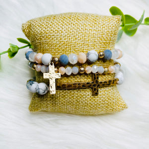 Cross Charm 3 Strand Bracelet Set