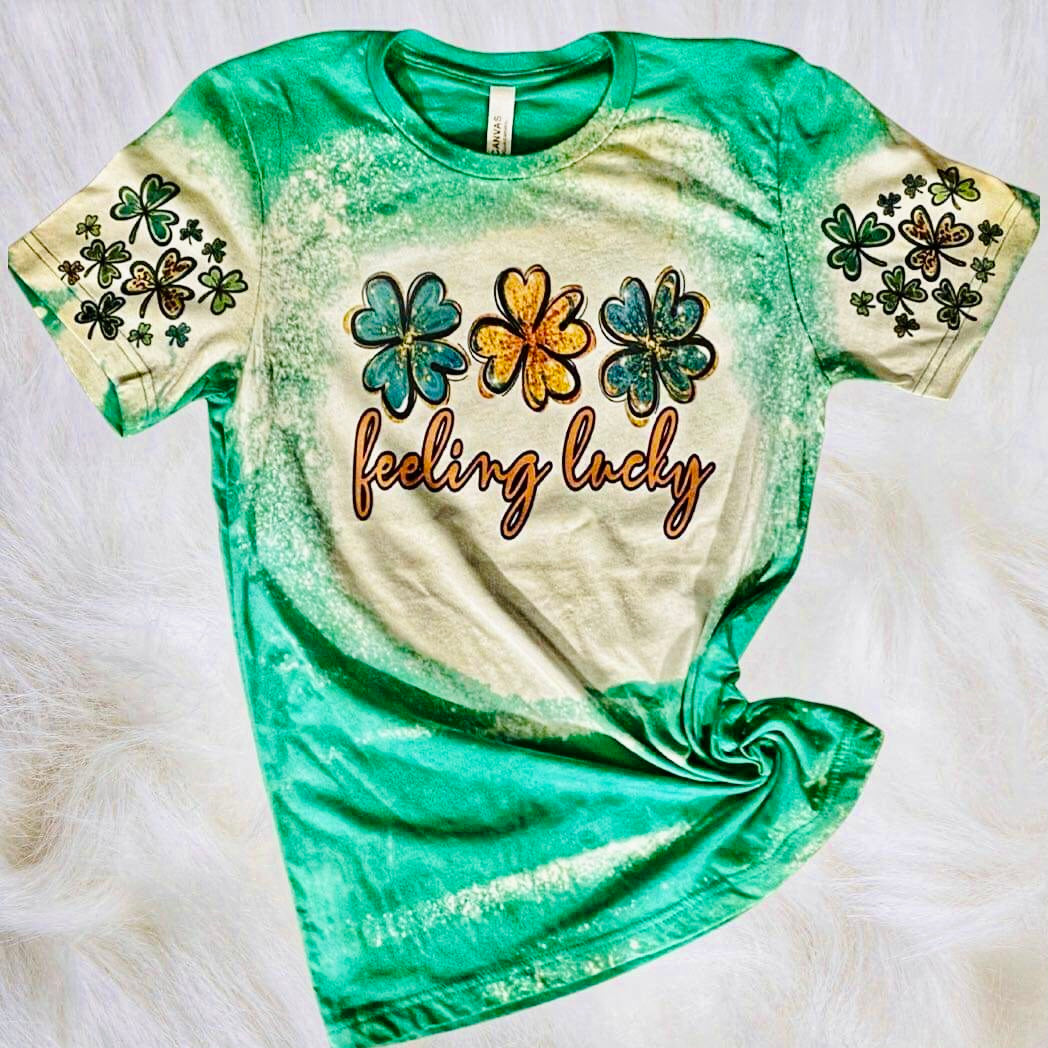 Feeling Lucky Clover Sleeve Bleached Tee