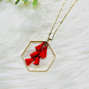 Red Hexagon Tassel Gold Necklace