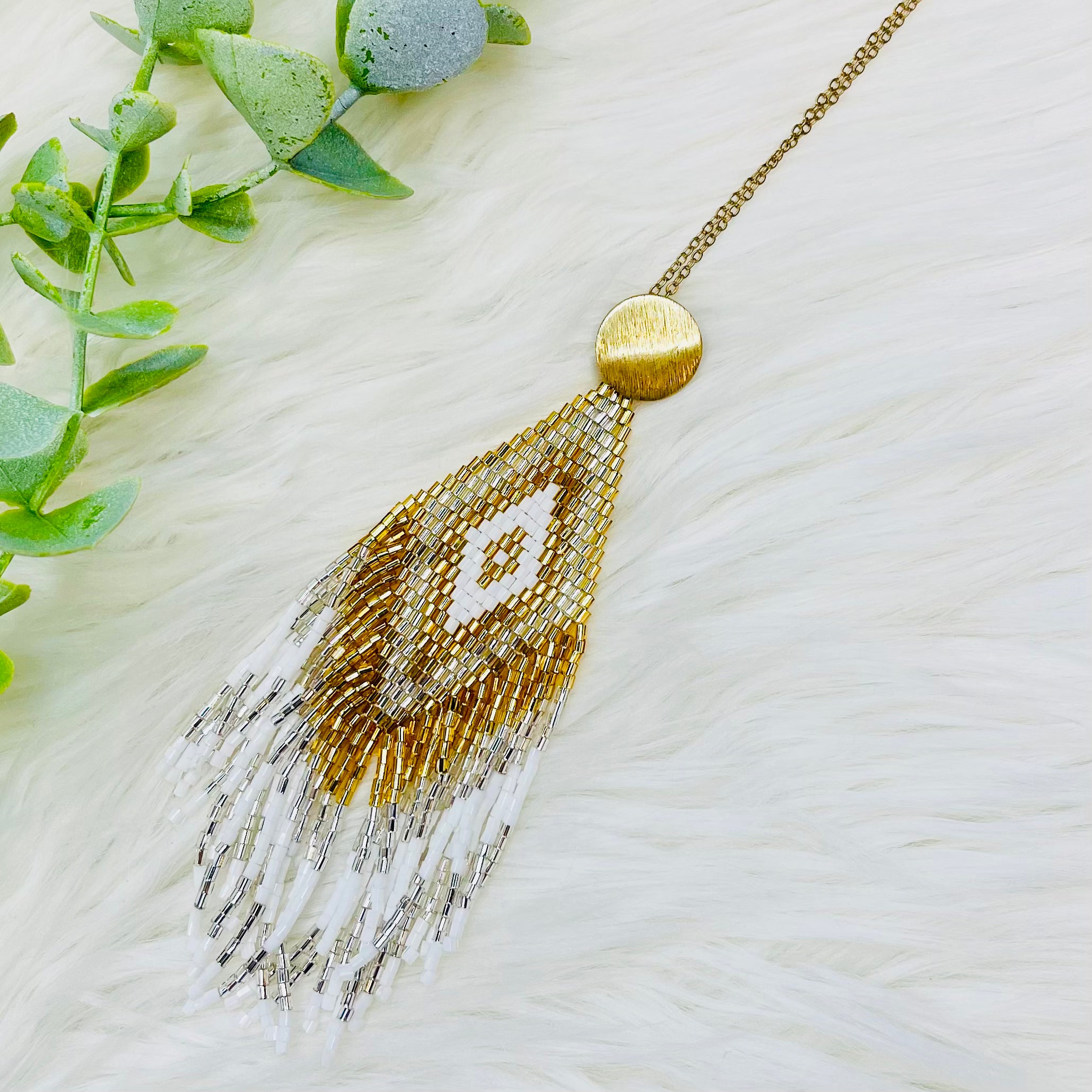 White Gold Seedbead Design Tassel Necklace