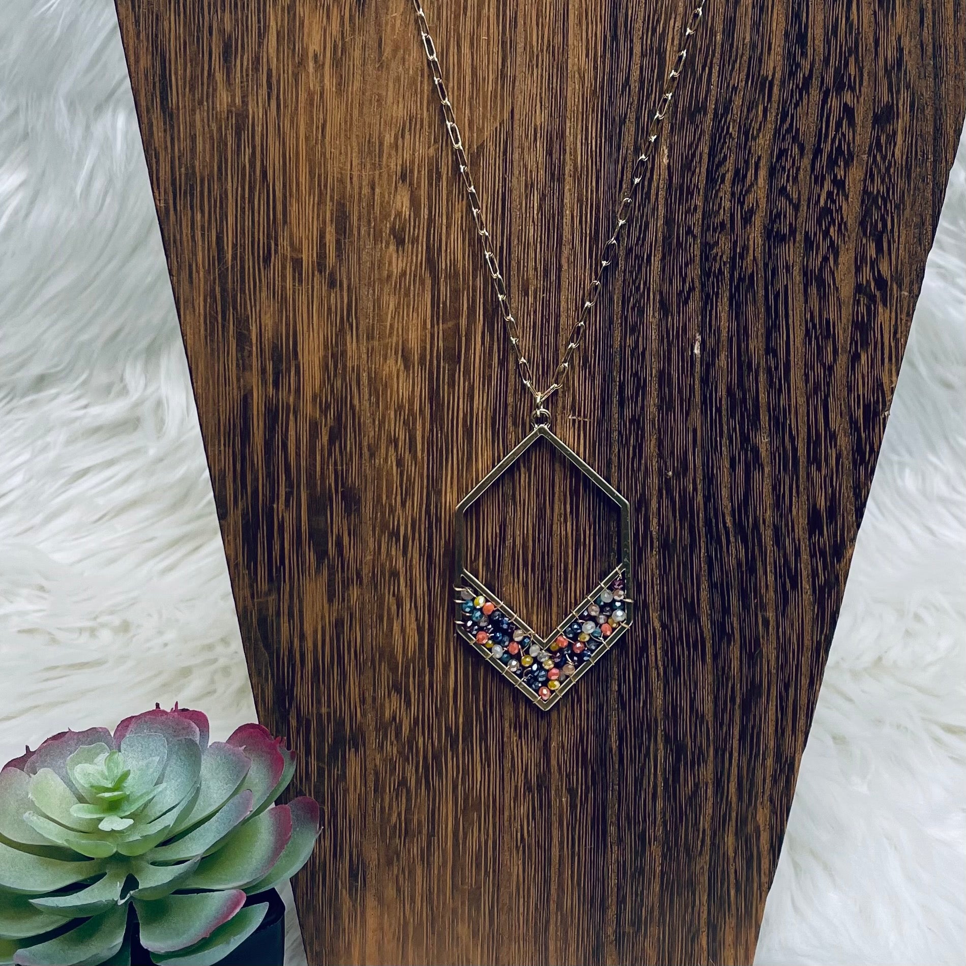 Crystal Beaded Hexagon Gold Necklace