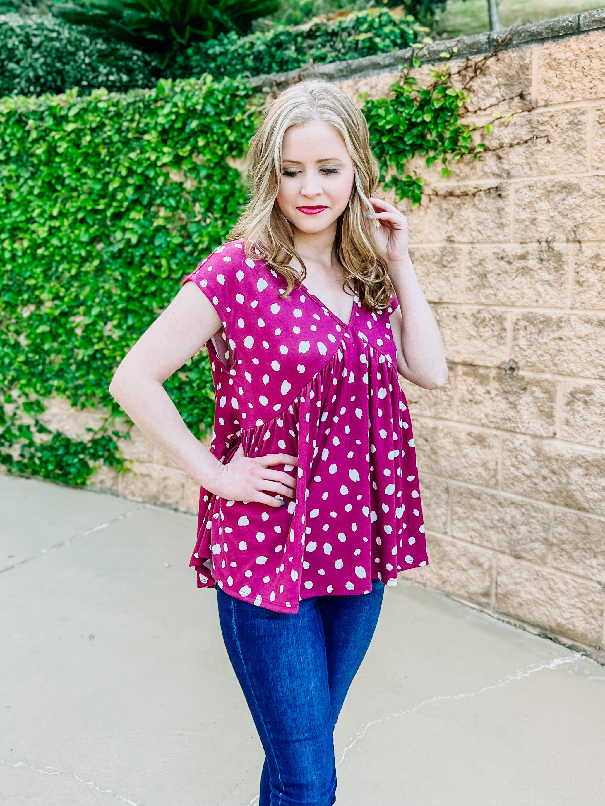 Berry Pink Animal Printed Flouncy Vneck Top