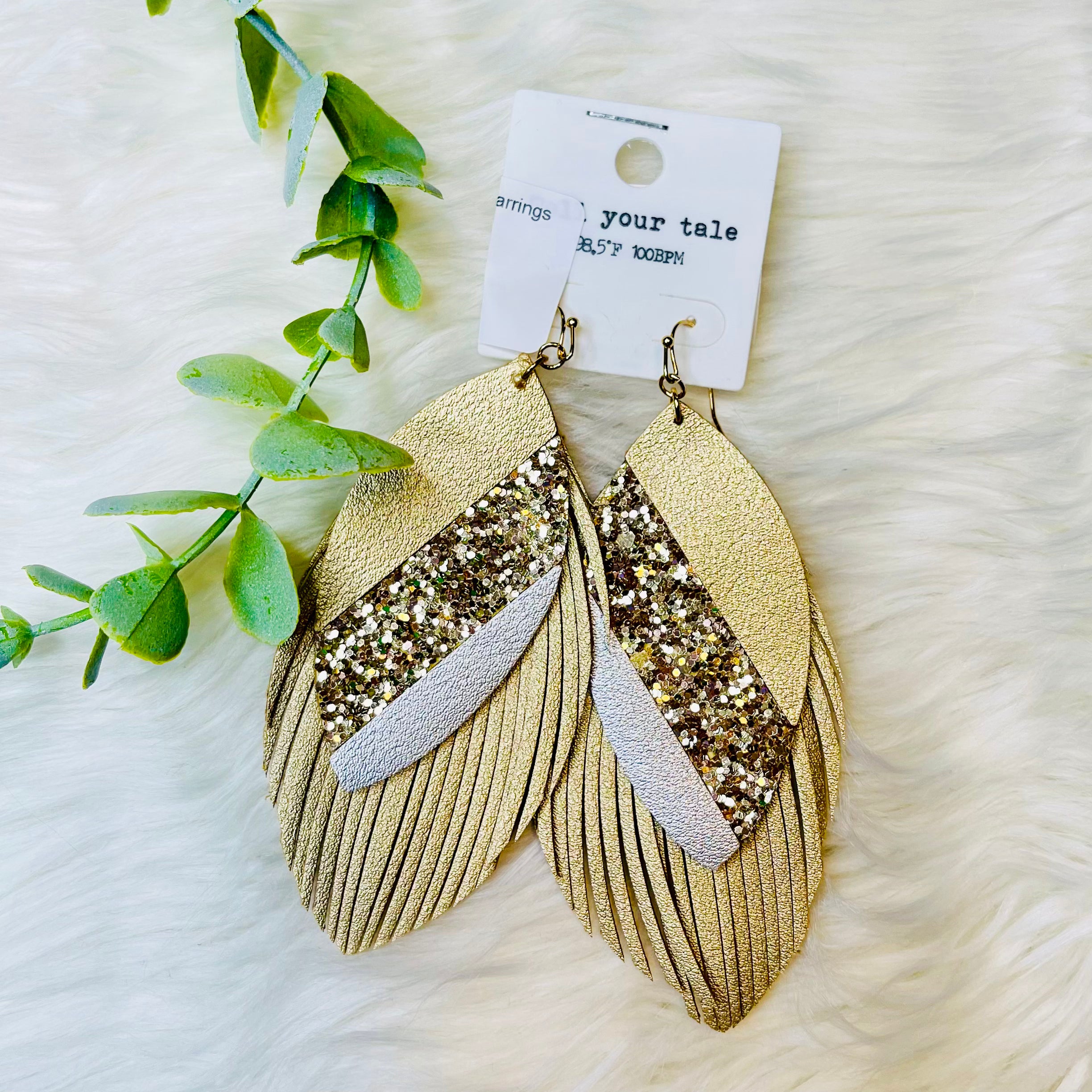 Gold Leather Glitter Feather Earrings