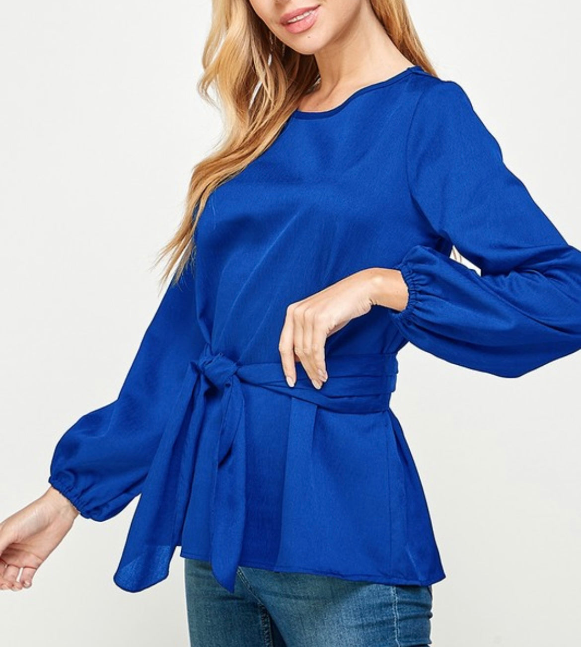 Royal Blue Tie Waist Bow Blouse